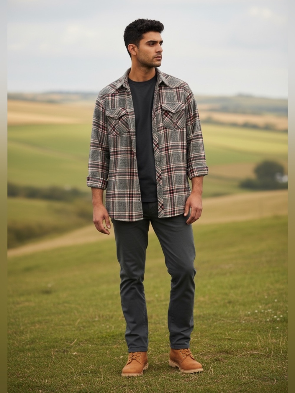 Urban Vintage Men’s Plaid Flannel Shirt Snap Buttons - Gray & Red-Size XXL